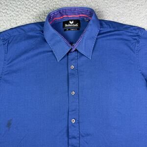 Buttercloth Shirt Mens 2XL Blue Honeycomb Geometric Short Sleeve Button Up FLAWS
